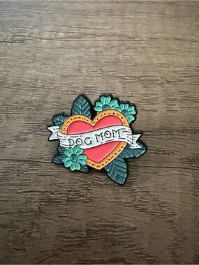 Dog Mom Heart Enamel Pin in Coral and Teal